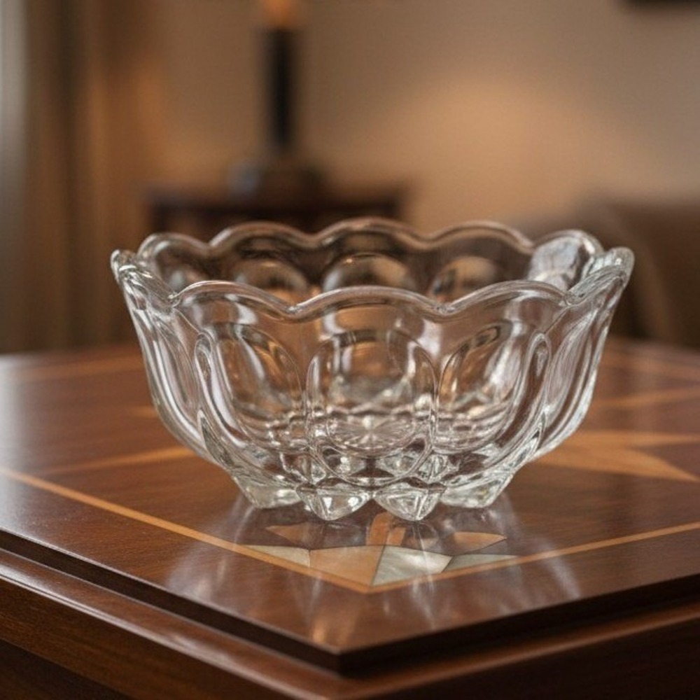 Anchor Hocking Scalloped Candy Dish, Vintage Diamond Pattern, Clear Dessert Bowl